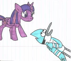 Size: 943x816 | Tagged: safe, artist:cmara, derpibooru import, twilight sparkle, twilight sparkle (alicorn), alicorn, pony, crossover, lined paper, mordecai, regular show, traditional art