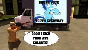 Size: 300x170 | Tagged: ak-47, artist:edgar546, assault rifle, boxtruck, derpibooru import, gta liberty city stories, gun, minuette, mule (gta), rifle, safe, the craziest grandma ever, toothbrush, toothpaste, truck, vulgar, weapon