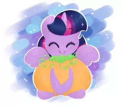 Size: 1024x887 | Tagged: safe, artist:theluckyangel, derpibooru import, twilight sparkle, twilight sparkle (alicorn), alicorn, pony, chibi, clothes, costume, cute, pumpkin, smiling, solo, twiabetes