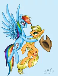 Size: 1901x2474 | Tagged: safe, artist:brush-sweep, derpibooru import, applejack, rainbow dash, earth pony, pegasus, pony, appledash, applejack's hat, cowboy hat, female, flying, hat, lesbian, looking at each other, mare, open mouth, shipping, smiling