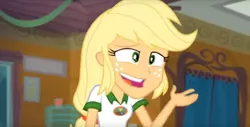 Size: 1769x897 | Tagged: safe, derpibooru import, screencap, applejack, equestria girls, legend of everfree, blooper, cropped, faic, hatless, missing accessory, silly, silly human, solo, who's a silly human