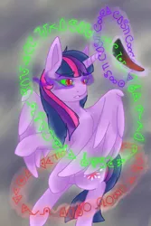 Size: 730x1095 | Tagged: safe, artist:jeyjeymohr, derpibooru import, king sombra, twilight sparkle, twilight sparkle (alicorn), alicorn, pony, comic:crownless, colored horn, curved horn, dark magic, disembodied horn, horn, magic, sombra eyes, sombra's horn