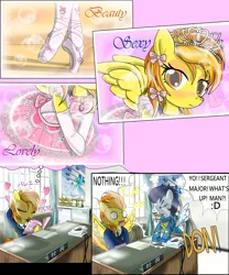 Size: 5000x6000 | Tagged: safe, artist:avchonline, derpibooru import, fleur-de-lis, soarin', spitfire, pony, absurd resolution, arm hooves, ballerina, ballet slippers, bipedal, blushing, bow, canterlot royal ballet academy, clothes, comic, comic book, daydream, desk, dress, embarrassed, engrish in the description, evening gloves, eyeshadow, gloves, japanese, jewelry, long gloves, makeup, my melody, phone, poster, sanrio, spread wings, stockings, surprised, thigh highs, thought bubble, tiara, tomboy taming, tutu, uniform, wingboner, wings, wonderbolts uniform
