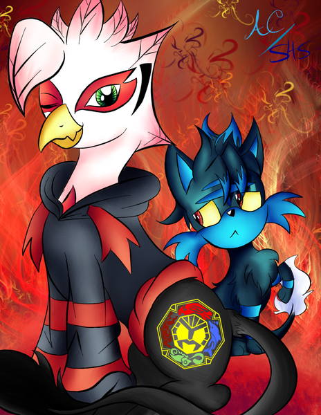 Size: 1024x1325 | Tagged: safe, artist:animechristy, derpibooru import, oc, oc:manga kamen, gryphon, litten, allitten, birthday, crossover, fire, pokémon