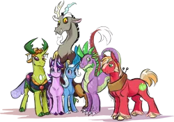 Size: 4876x3438 | Tagged: safe, artist:vindhov, derpibooru import, big macintosh, discord, spike, starlight glimmer, thorax, trixie, changedling, changeling, draconequus, dragon, earth pony, pony, unicorn, to where and back again, absurd resolution, blaze (coat marking), changeling king, cloven hooves, female, king thorax, male, mare, older, older spike, reformed four, stallion