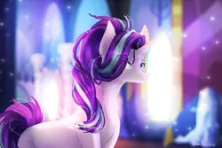Size: 2736x1824 | Tagged: safe, artist:lunastyczna, derpibooru import, starlight glimmer, unicorn, female, looking at you, mare, missing cutie mark, smiling, solo, twilight's castle