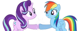 Size: 3500x1400 | Tagged: safe, artist:m.w., derpibooru import, rainbow dash, starlight glimmer, pegasus, pony, unicorn, a hearth's warming tail, top bolt, cute, female, hoofbump, mare, not shipping, simple background, transparent background, vector