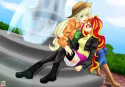 Size: 1000x697 | Tagged: suggestive, artist:haniel-tochtli, derpibooru import, applejack, sunset shimmer, equestria girls, applejack's hat, appleshimmer, blushing, clothes, cowboy hat, female, fountain, hat, lesbian, licking, one eye closed, shipping, skirt, stockings, thigh highs, tongue out, zettai ryouiki