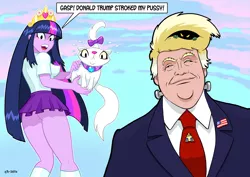 Size: 1600x1131 | Tagged: suggestive, artist:curtsibling, derpibooru import, opalescence, twilight sparkle, equestria girls, dialogue, donald trump, flag, frankenstein's monster, illuminati, politics, pun, vulgar