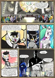 Size: 1363x1920 | Tagged: safe, artist:pencils, derpibooru import, limestone pie, princess celestia, princess luna, oc, oc:anon, oc:padlock, alicorn, earth pony, human, pony, unicorn, comic:anon's pie adventure, belt, belt buckle, bracer, choker, church, clerical robes, clothes, comic, crown, dialogue, female, frog (hoof), glowing eyes, greek, human male, jewelry, looking back, male, mare, mind control, monochrome, necklace, neo noir, open mouth, pants, partial color, podium, pointing, praise the sun, regalia, robes, shirt, shit just got real, sitting, smiling, speech bubble, stained glass, stallion, underhoof