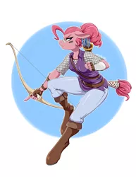 Size: 1280x1656 | Tagged: anthro, armor, arrows, artist:hobbsmeerkat, boots, bow (weapon), chainmail, derpibooru import, pinkie pie, quiver, ranger, safe, shoes, solo, tail wrap, unguligrade anthro, weapon