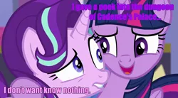 Size: 1280x709 | Tagged: safe, derpibooru import, edit, edited screencap, screencap, starlight glimmer, twilight sparkle, twilight sparkle (alicorn), alicorn, pony, caption, engrish, image macro, meme, misspelling, text