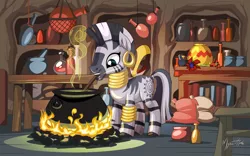 Size: 2560x1600 | Tagged: artist:mysticalpha, cauldron, derpibooru import, fire, flower, jar, mouth hold, safe, solo, table, zebra, zecora, zecora's hut