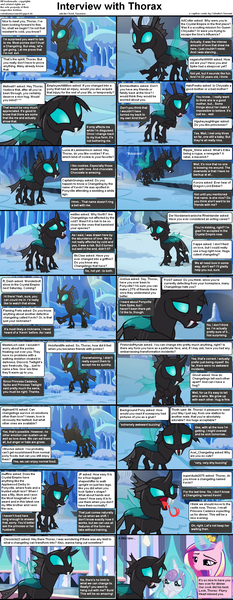 Size: 1282x3304 | Tagged: safe, derpibooru import, princess cadance, princess flurry heart, thorax, changeling, pony, comic:celestia's servant interview, the times they are a changeling, baby, baby pony, caption, comic, cs captions, drone, female, filly, floppy ears, foal, interview, levitation, magic, mother and child, mother and daughter, telekinesis, tongue out