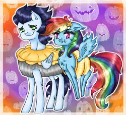 Size: 1931x1760 | Tagged: safe, artist:moonlightprincess002, derpibooru import, rainbow dash, soarin', pony, cinnamon bun, clothes, costume, female, food, halloween, halloween costume, holiday, male, pie, pumpkin, shipping, soarindash, straight, that pony sure does love pies