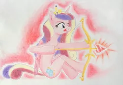 Size: 4080x2824 | Tagged: safe, artist:friendshipishorses, derpibooru import, princess cadance, aiming, anatomically incorrect, arrow, bow (weapon), bow and arrow, cupid, cupidance, incorrect leg anatomy, looking away, princess of love, princess of shipping, shipper on deck, sitting, solo, tongue out, traditional art, weapon