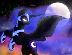 Size: 1024x785 | Tagged: safe, artist:jazzerix, derpibooru import, nightmare moon, alicorn, pony, flying, glowing eyes, moon, night, rearing, solo, spread wings, stars, twilight (astronomy), wings