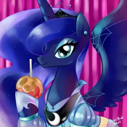 Size: 1800x1800 | Tagged: apple, artist:bigbuxart, candy apple (food), clothes, costume, derpibooru import, dress, food, looking at you, nightmare night, princess luna, safe, smiling, solo