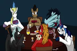 Size: 2472x1640 | Tagged: safe, artist:witkacy1994, derpibooru import, big macintosh, doctor whooves, prince blueblood, shining armor, soarin', thunderlane, time turner, earth pony, pony, alcohol, card, magic, male, male six, poker, stallion, telekinesis, unshorn fetlocks