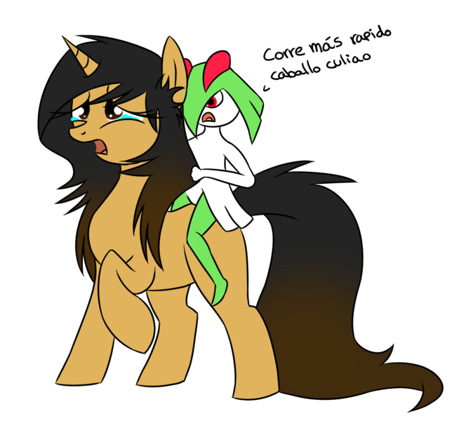 Size: 1183x1069 | Tagged: safe, artist:commypink, derpibooru import, oc, oc:comana, unofficial characters only, kirlia, pony, unicorn, crossover, crying, female, mare, pokémon, pokémon riding ponies, riding, simple background, spanish, transparent background