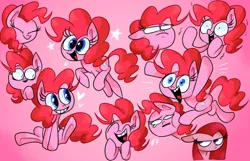 Size: 800x514 | Tagged: safe, artist:vdru7, derpibooru import, pinkie pie, earth pony, pony, :>, annoyed, crying, cute, expressions, eyes closed, female, floppy ears, frown, fun fun fun, glare, happy, heart, kicking, mare, multeity, open mouth, pinkamena diane pie, ponk, shivering, smiling, too much pink energy is dangerous, trotting, wide eyes