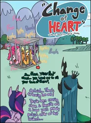 Size: 1114x1500 | Tagged: safe, artist:shrabby, derpibooru import, applejack, pinkie pie, queen chrysalis, twilight sparkle, twilight sparkle (alicorn), alicorn, pony, comic:change of heart (mutual taco), cage, clones, comic, implied vore