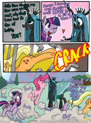 Size: 1114x1500 | Tagged: safe, artist:shrabby, derpibooru import, applejack, pinkie pie, queen chrysalis, twilight sparkle, twilight sparkle (alicorn), alicorn, pony, comic:change of heart (mutual taco), cage, clones, comic, one eye closed