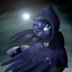 Size: 5499x5499 | Tagged: absurd resolution, artist:thedutchbrony, cloak, clothes, derpibooru import, glowing horn, horn, princess luna, safe, snow, solo, spirit of hearth's warming yet to come