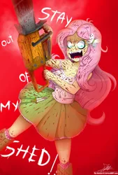 Size: 1868x2766 | Tagged: semi-grimdark, artist:the-butch-x, derpibooru import, fluttershy, bat pony, .mov, shed.mov, equestria girls, 200% mad, blood, bloodshot eyes, breasts, busty fluttershy, chainsaw, cleavage, clothes, exclamation point, female, flutterbat, flutterrage, fluttershed, hotdiggedydemon, meme, race swap, sharp teeth, signature, skirt, solo, stay out of my shed, tanktop, teeth, this will end in death, this will end in tears, this will end in tears and/or death