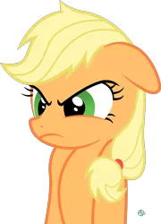 Size: 1705x2370 | Tagged: safe, artist:arifproject, derpibooru import, applejack, pony, party of one, angry, arif's angry pone, floppy ears, frown, glare, hatless, missing accessory, simple background, solo, transparent background, vector