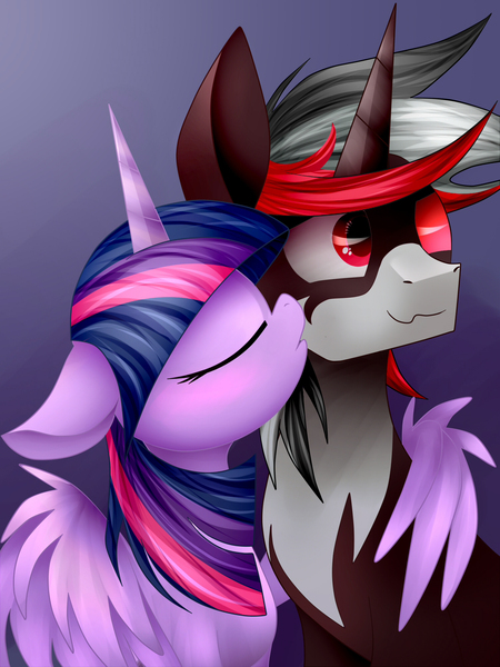 Size: 1500x2000 | Tagged: safe, artist:twistedmindbrony, derpibooru import, twilight sparkle, twilight sparkle (alicorn), oc, alicorn, pony, unicorn, blushing, canon x oc, female, kissing, male, shipping, straight