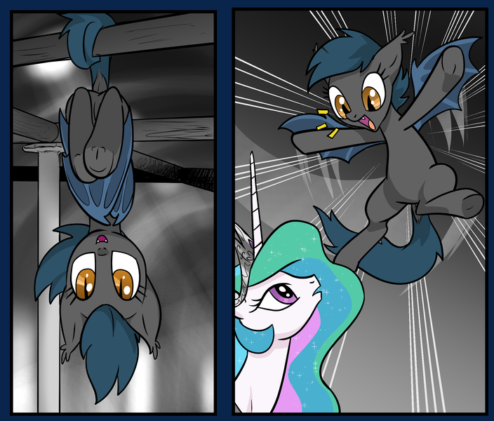 Size: 2108x1796 | Tagged: safe, artist:pencils, derpibooru import, princess celestia, oc, oc:speck, bat pony, pony, comic:anon's pie adventure, comic, cropped, dock, hanging, prehensile tail, underhoof, upside down