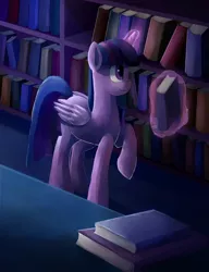 Size: 1150x1500 | Tagged: safe, artist:camyllea, derpibooru import, twilight sparkle, twilight sparkle (alicorn), alicorn, pony, book, bookshelf, library, magic, raised hoof, solo, telekinesis