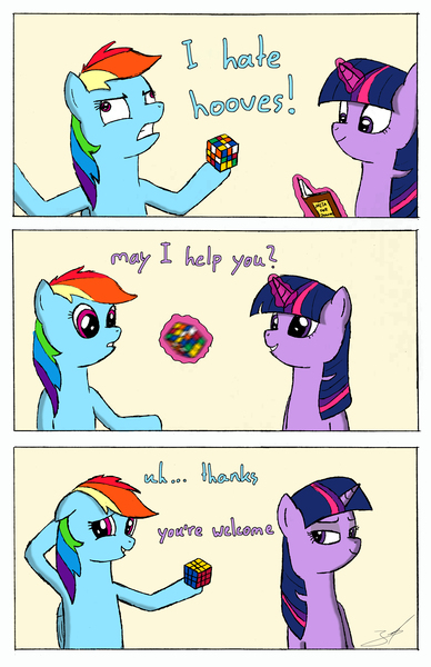 Size: 2480x3835 | Tagged: safe, artist:derpyjoel, derpibooru import, rainbow dash, twilight sparkle, comic, dialogue, female, lesbian, magic, rubik's cube, shipping, twidash