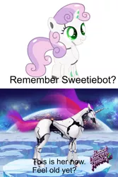 Size: 640x960 | Tagged: safe, derpibooru import, sweetie belle, pony, robot, robot pony, unicorn, blank flank, feel old yet?, female, filly, foal, hooves, horn, meme, robot unicorn attack, simple background, smiling, solo, sweetie bot, teeth, text, white background