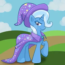 Size: 1024x1024 | Tagged: safe, artist:yoshimarsart, derpibooru import, trixie, pony, unicorn, cape, clothes, hat, raised hoof, solo, trixie's cape, trixie's hat, watermark