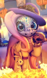 Size: 1800x2981 | Tagged: safe, artist:sourcerabbit, derpibooru import, angel bunny, fluttershy, pony, rabbit, 3d, animal, calaverita, candle, cempasúchil, dia de los muertos, mexico, source filmmaker