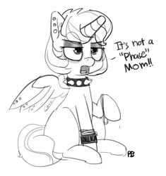 Size: 1280x1364 | Tagged: safe, artist:pabbley, derpibooru import, princess flurry heart, alicorn, pony, bracelet, choker, dialogue, ear fluff, ear piercing, eyeshadow, grayscale, it's a phase, it's not a phase, jewelry, makeup, metallica, monochrome, older, open mouth, piercing, princess emo heart, punk, raised hoof, rebellious teen, simple background, sitting, solo, spiked choker, spread wings, teenage flurry heart, teenager, white background, wing piercing, wings, wristband