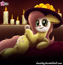 Size: 883x900 | Tagged: artist:clouddg, calavera catrina, candle, cempasúchil, derpibooru import, dia de los muertos, face paint, fluttershy, looking at you, safe, smiling, solo