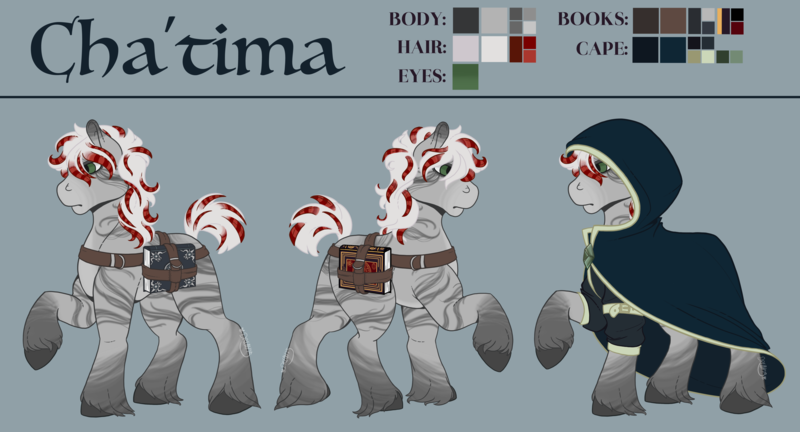 Size: 5400x2918 | Tagged: safe, artist:rottingroot, derpibooru import, oc, oc:cha'tima, unofficial characters only, earth pony, pony, book, brooch, cloak, clothes, coontails, green eyes, raised hoof, reference sheet, solo