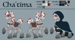 Size: 5400x2918 | Tagged: safe, artist:rottingroot, derpibooru import, oc, oc:cha'tima, unofficial characters only, earth pony, pony, book, brooch, cloak, clothes, coontails, green eyes, raised hoof, reference sheet, solo