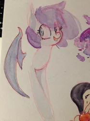 Size: 1280x1707 | Tagged: safe, artist:whale, derpibooru import, oc, oc:chiro, unofficial characters only, bat pony, cyndaquil, pony, apple, food, pokémon, smiling, solo, traditional art, watercolor painting