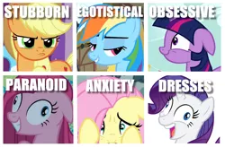 Size: 1174x770 | Tagged: and then there's rarity, applejack, artist:tomfraggle, caption, compilation, contemplating insanity, derpibooru import, exploitable meme, faic, fluttershy, i didn't listen, image macro, mane six, meme, one of these things is not like the others, pinkie pie, rainbow dash, rariderp, rarity, safe, screenshots, text, that pony sure does love dresses, twilight sparkle