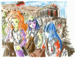 Size: 4672x3584 | Tagged: adagio dazzle, alexander the great, aria blaze, artist:piojote, dazzlings' memories, derpibooru import, funeral, greek, history, horse, human, humanized, part of a series, part of a set, safe, sarissa, sonata dusk, traditional art