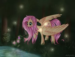 Size: 1600x1200 | Tagged: artist:mitralexa, derpibooru import, firefly (insect), flower, fluttershy, forest, insect, lake, raised hoof, reflection, safe, solo, spread wings, water, wings