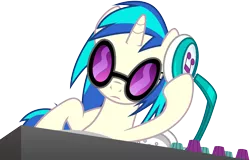 Size: 4914x3149 | Tagged: safe, artist:cloudyglow, derpibooru import, vinyl scratch, pony, unicorn, slice of life (episode), absurd resolution, female, headphones, hooves, horn, mare, mixing console, simple background, solo, sunglasses, transparent background, turntable, vector