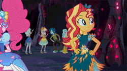 Size: 640x360 | Tagged: safe, derpibooru import, screencap, captain planet, derpy hooves, flash sentry, lyra heartstrings, paisley, pinkie pie, sunset shimmer, equestria girls, legend of everfree, legend of everfree - bloopers, animated, animated actors, big lipped alligator moment, blooper, candy, confused, crystal gala dress, dancing, disturbed, female, food, frown, gif, glowing eyes, gritted teeth, gumdrop, lidded eyes, looking at you, marshmallow, pinkie's imagination, pinkie's mindspace, rainbow, shrug, shrugset shimmer, sliding, smiling, sunset sees things, talking, wat, wide eyes
