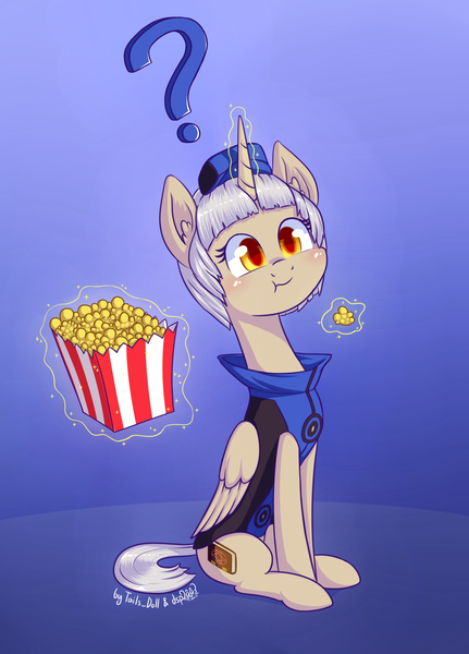 Size: 1573x2191 | Tagged: safe, artist:dsp2003, artist:lalieri, derpibooru import, ponified, alicorn, pony, 4chan, collaboration, elizabeth (persona), female, food, persona, persona 3, popcorn, simple background, solo