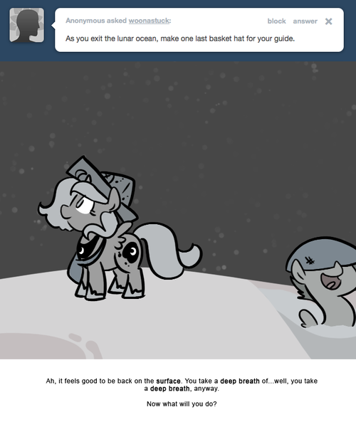 Size: 666x800 | Tagged: artist:egophiliac, basket, cartographer's cap, derpibooru import, female, filly, grayscale, hat, monochrome, moon, moonstuck, oc, oc:danger mcsteele, princess luna, safe, sea pony, woona, younger