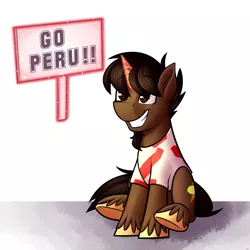 Size: 4000x4000 | Tagged: safe, artist:rubywave32, derpibooru import, oc, oc:marrón, unofficial characters only, pony, unicorn, absurd resolution, magic, peru, sign, simple background, solo, white background